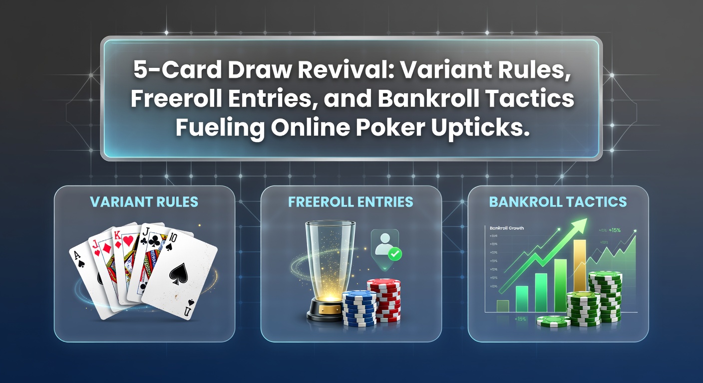 Spelers aan een online 5-Card Draw tafel met kaarten en chips in actie
