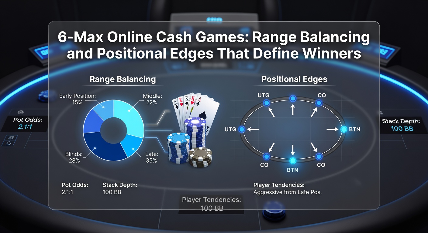 Een dynamische pokerhand in een 6-max online cash game tafel, met focus op range balancing visualisaties en positie-indicatoren