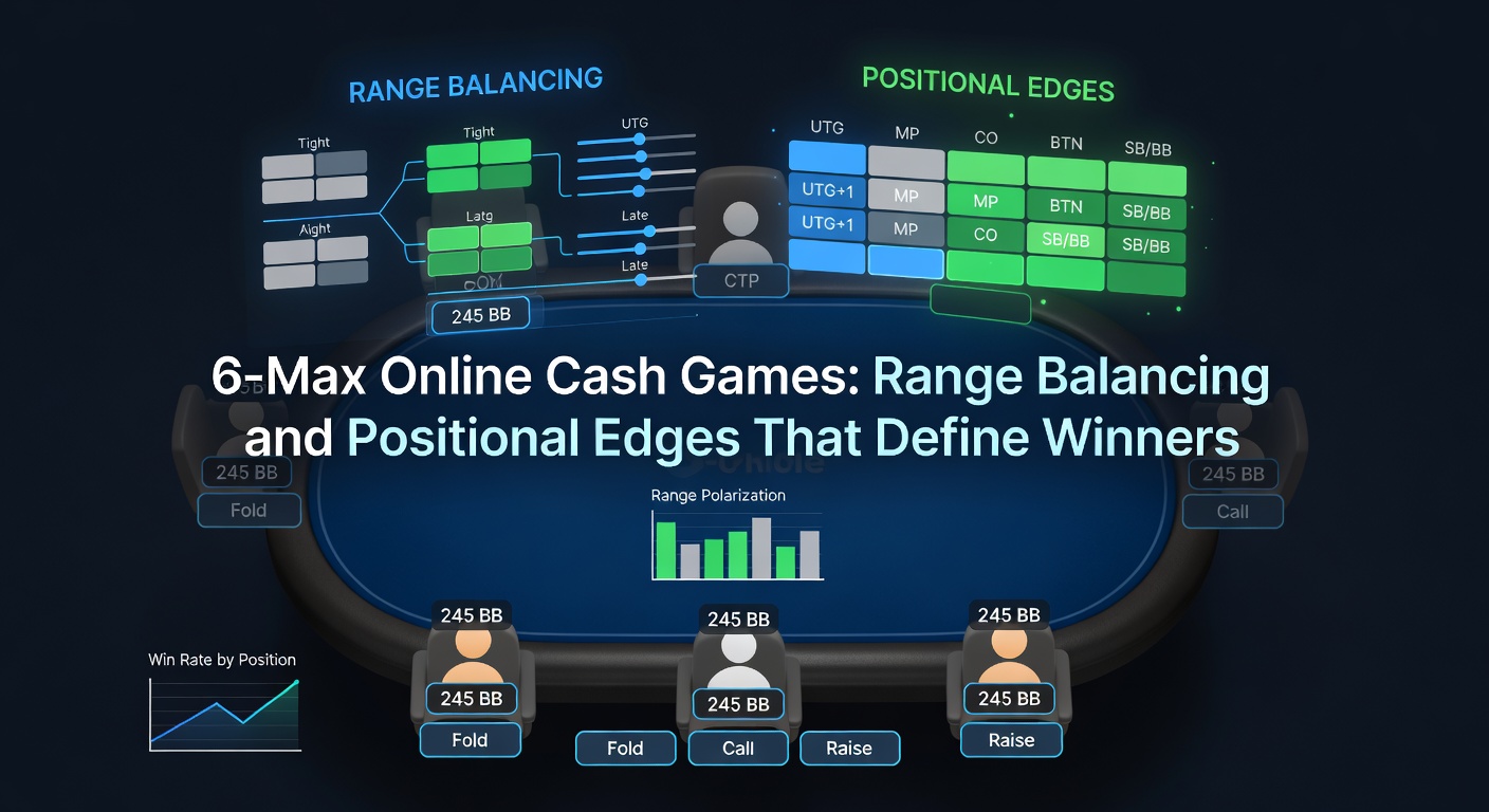 Visualisatie van positional ranges in een 6-max tafel, met grafieken die winrates per seat tonen en balanced range voorbeelden