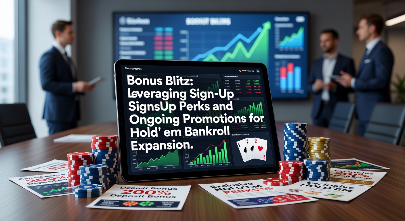Schermafbeelding van Bonus Blitz platform met welkomstbonus en poker Hold'em tafels, highlights promoties en bankroll tools