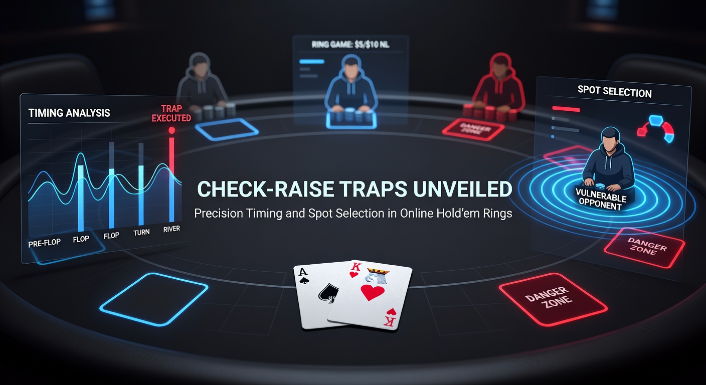 Een online poker tafel met spelers die check-raisetactieken toepassen in een Hold'em ringspel, met kaarten en chips in focus