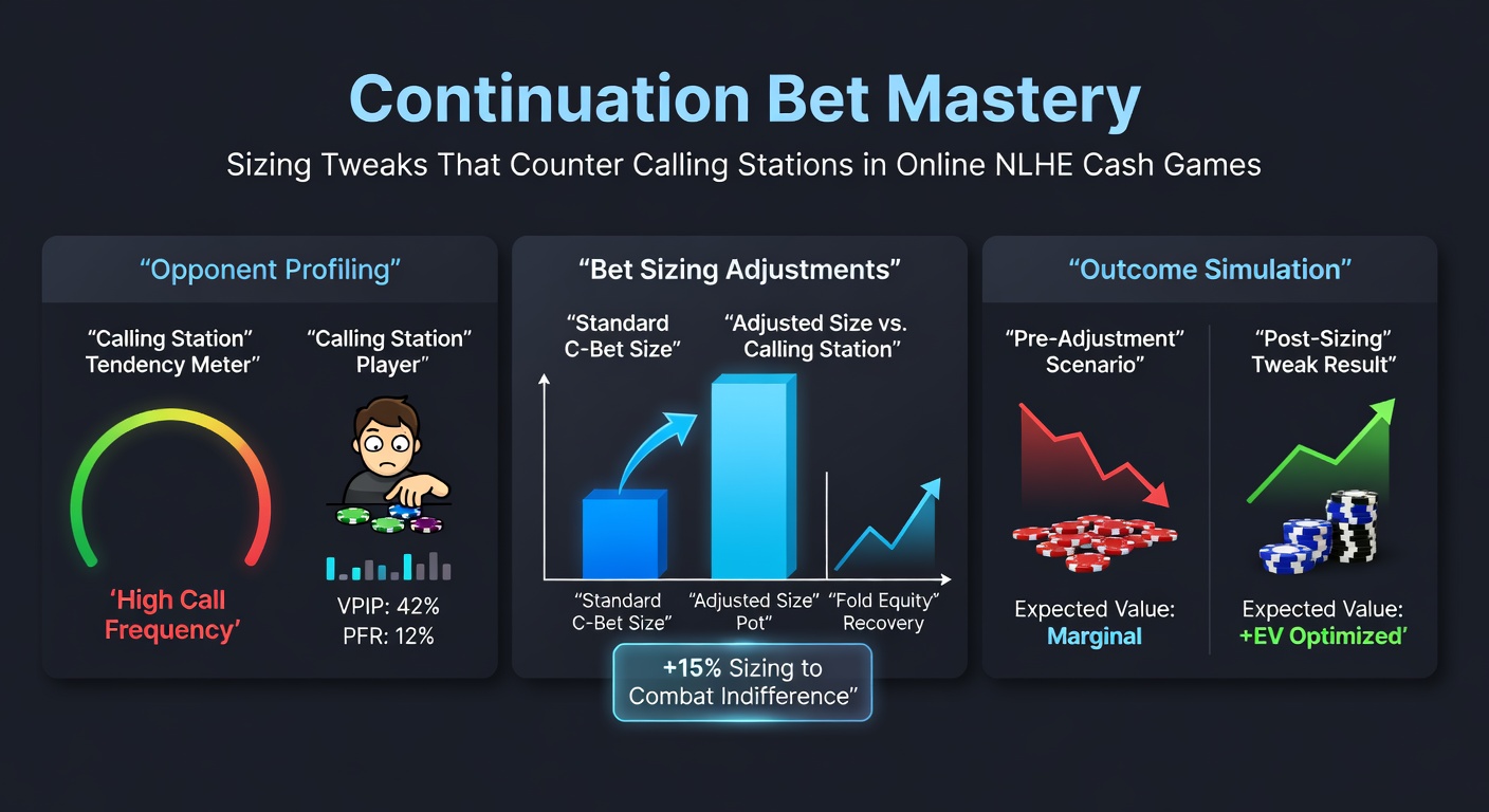 Voorbeeld handanalyse met HUD stats en aanbevolen c-bet sizes tegen een calling station