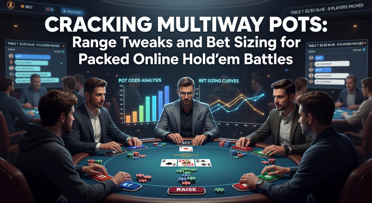 Een digitale pokerinterface met een volle multiway pot op een online Hold'em-tafel, spelerskaarten en chipstapels zichtbaar