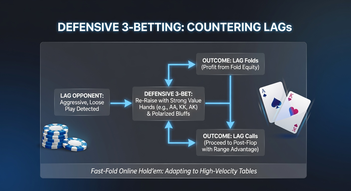 Voorbeeldhand analyse met defensieve 3-bet spot tegen een LAG in fast-fold, inclusief equity berekeningen