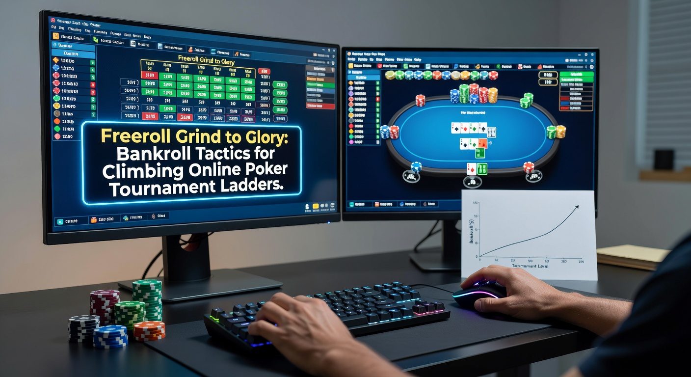 Speler aan een laptop tijdens een online poker freeroll toernooi, met chips en ladders op de achtergrond