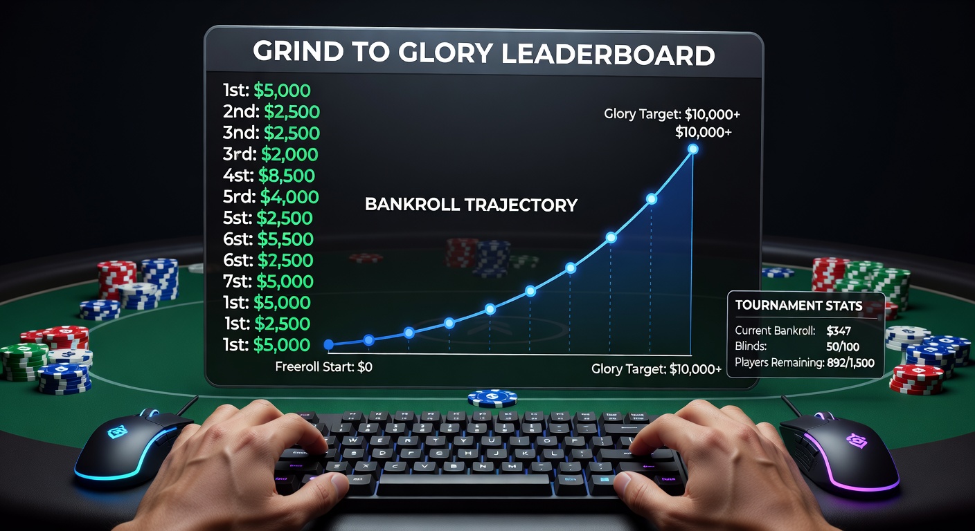 Grafiek van een bankroll curve die stijgt van freerolls naar high-stakes ladders, met pieken en dalen