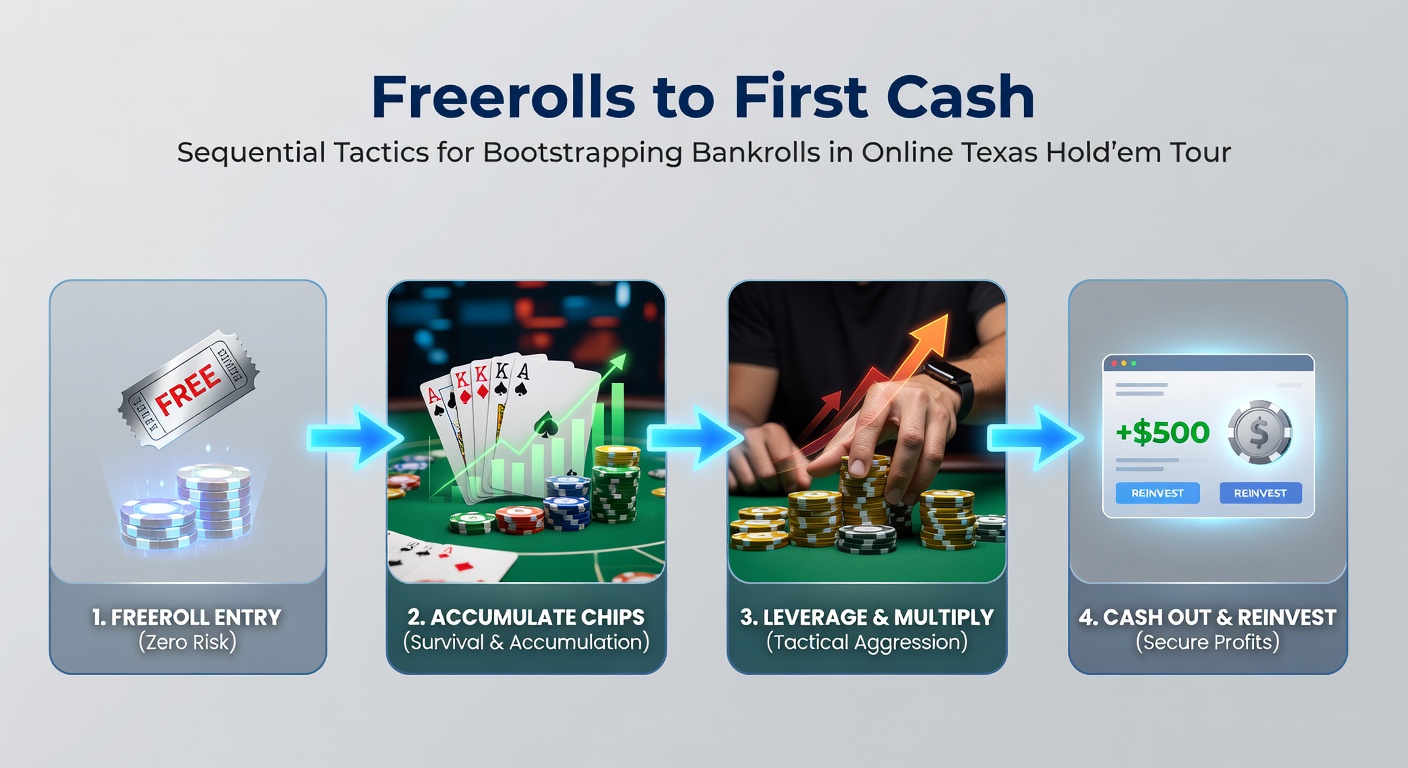 Grafiek met bankrollgroei曲线 van freeroll grinder, toon stijging van nul naar eerste €500 cash