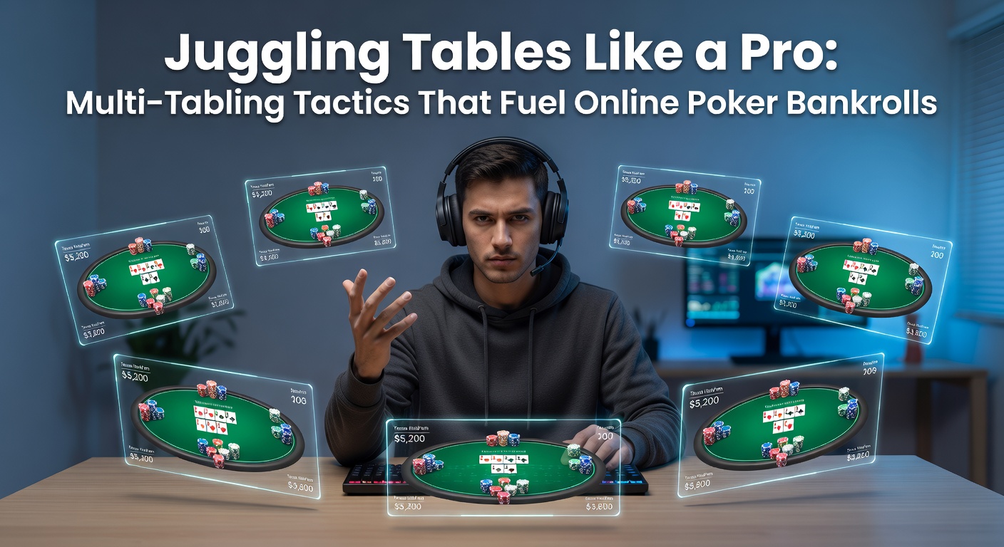 Een professionele pokerspeler die meerdere tafels tegelijk beheert op meerdere schermen, met focus op bankrollgroei via multi-tabling