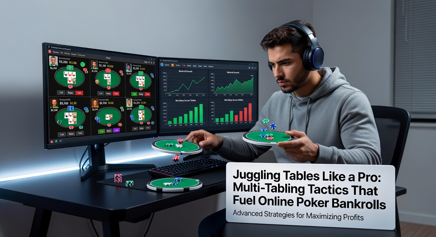 Multi-tabling setup met meerdere schermen, HUD's en softwaretools voor optimale pokerperformance