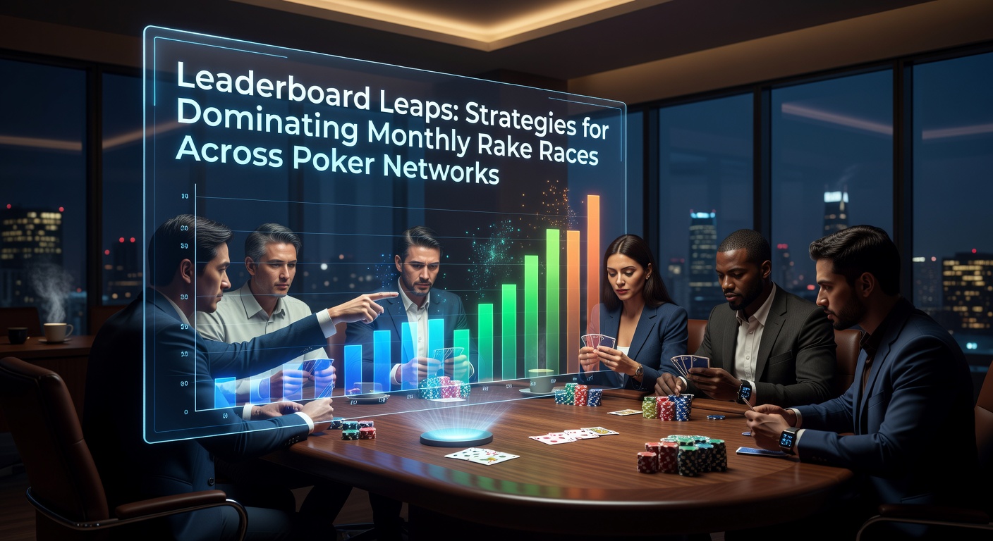 Speler checkt leaderboard tijdens een intense online pokersessie, met grafieken van rake races op de achtergrond