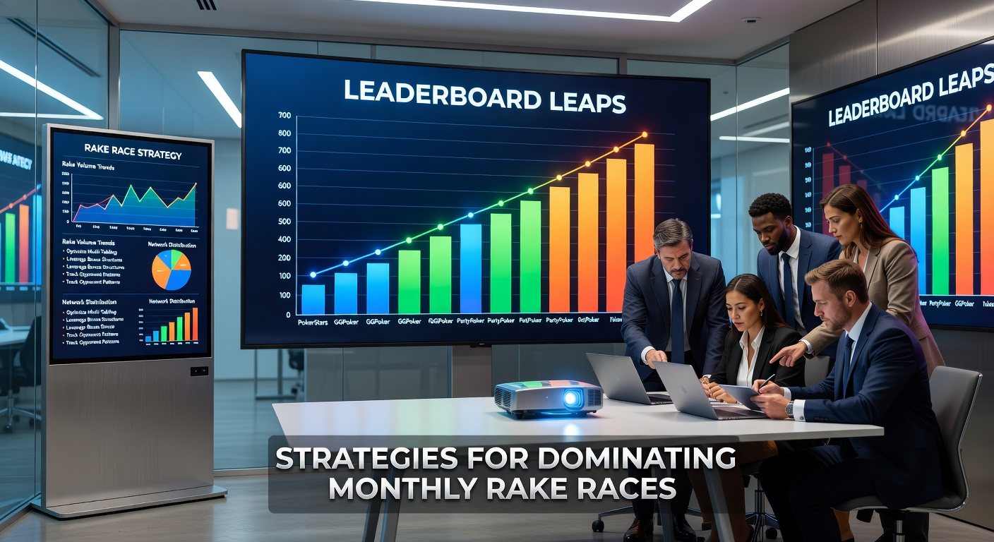 Grafiek van een leaderboard met top 10 rake race winnaars, inclusief prijzen en statistieken van handen gespeeld