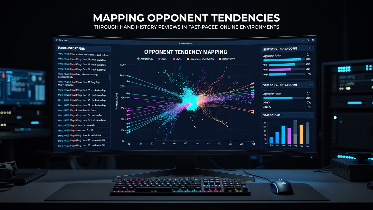 Poker speler die handgeschiedenis data bekijkt op meerdere schermen