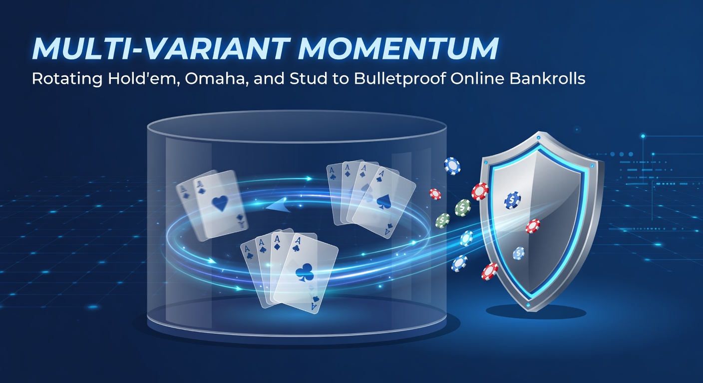 Online pokerspeler roteert tussen Hold'em, Omaha en Stud tafels op een multi-screen setup, symboliserend bankroll diversificatie