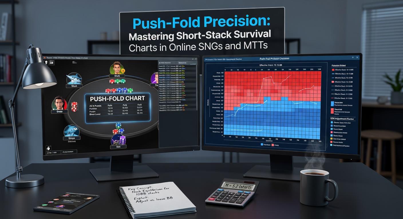 Grafiek met short-stack push-ranges versus effectieve stacks, illustrerend fold equity in verschillende posities tijdens MTT late stages