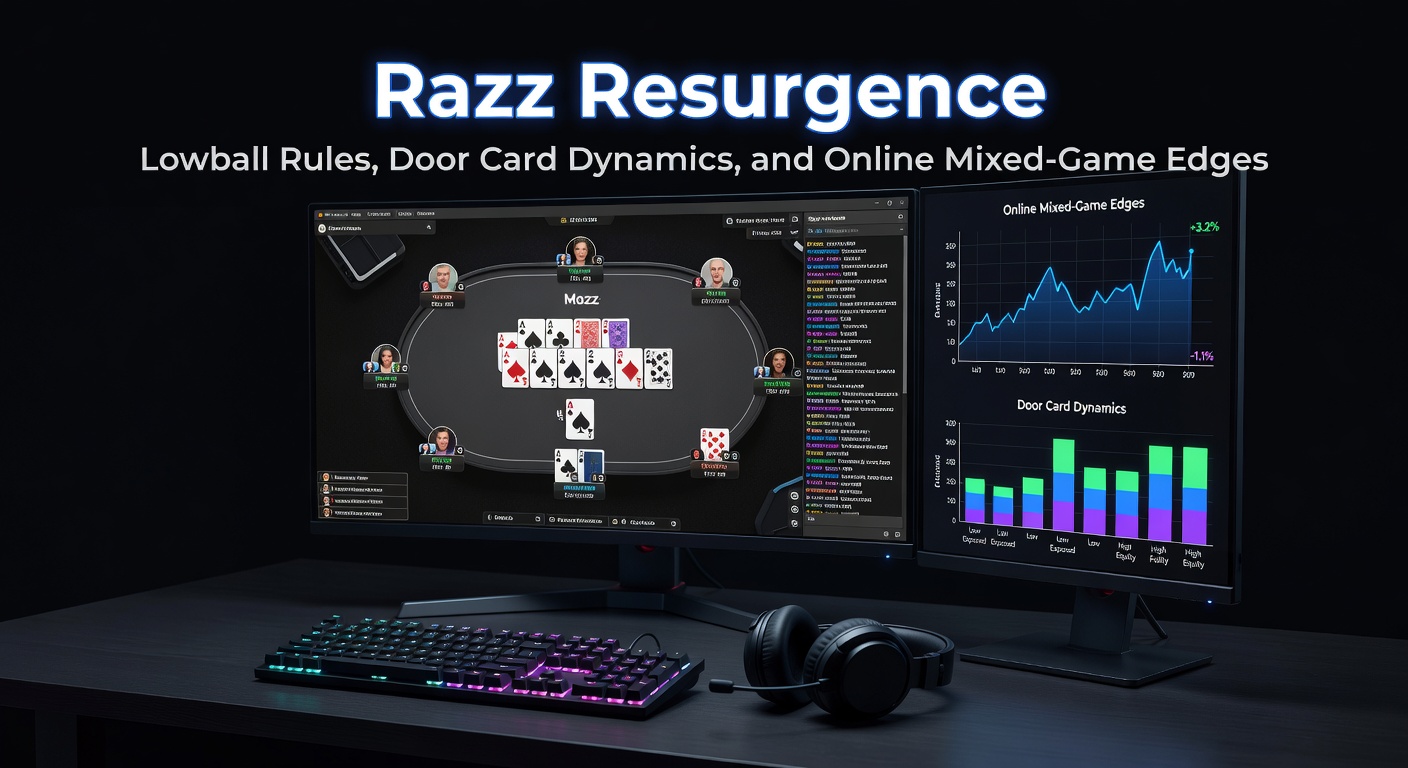 Spelers aan een online pokertafel met Razz-kaarten zichtbaar, lage handen domineren de actie