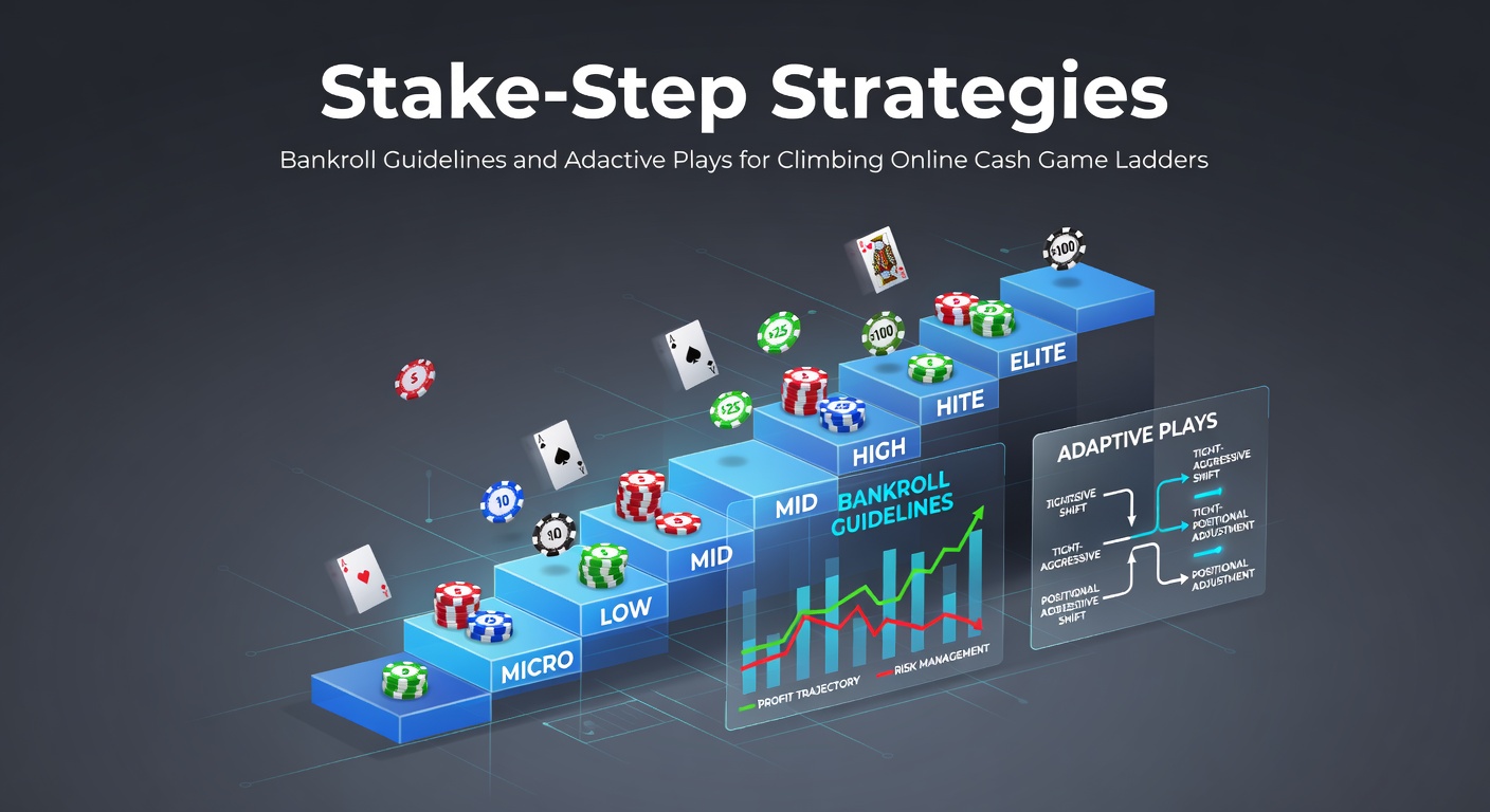 Grafiek met opwaartse bankroll-curves en stake-transities in online poker cash games, illustrerend veilige stappen omhoog