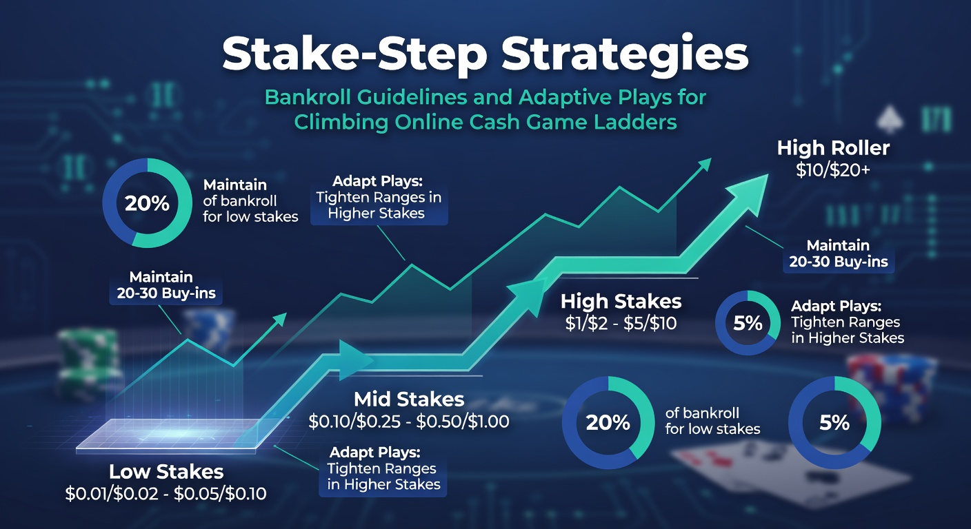 Tabel met stake-step drempels, bankroll-curves en downswing-scenario's voor online cash game spelers