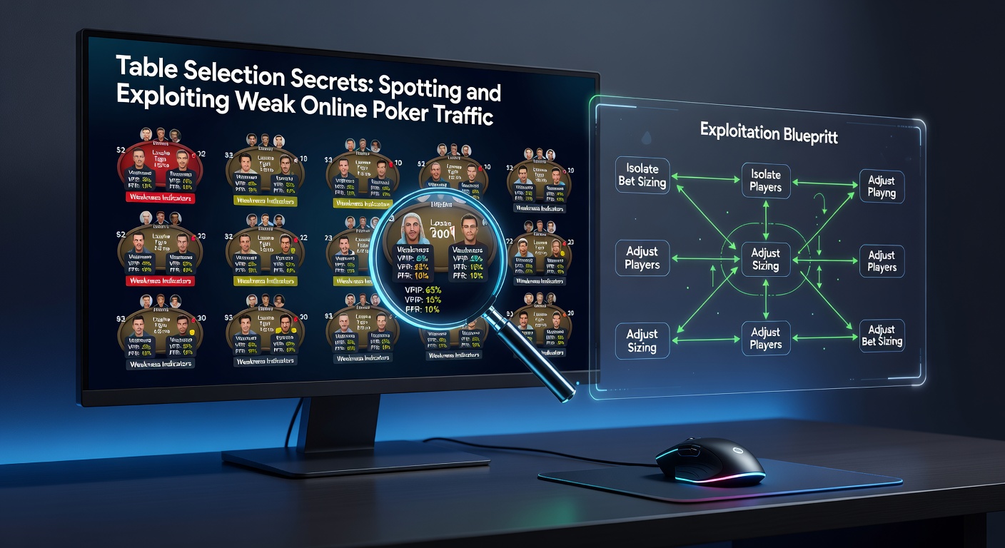 Een online poker interface met meerdere tafels open, HUD-stats zichtbaar op spelers, en een speler die tafels selecteert op basis van zwakke tegenstanders