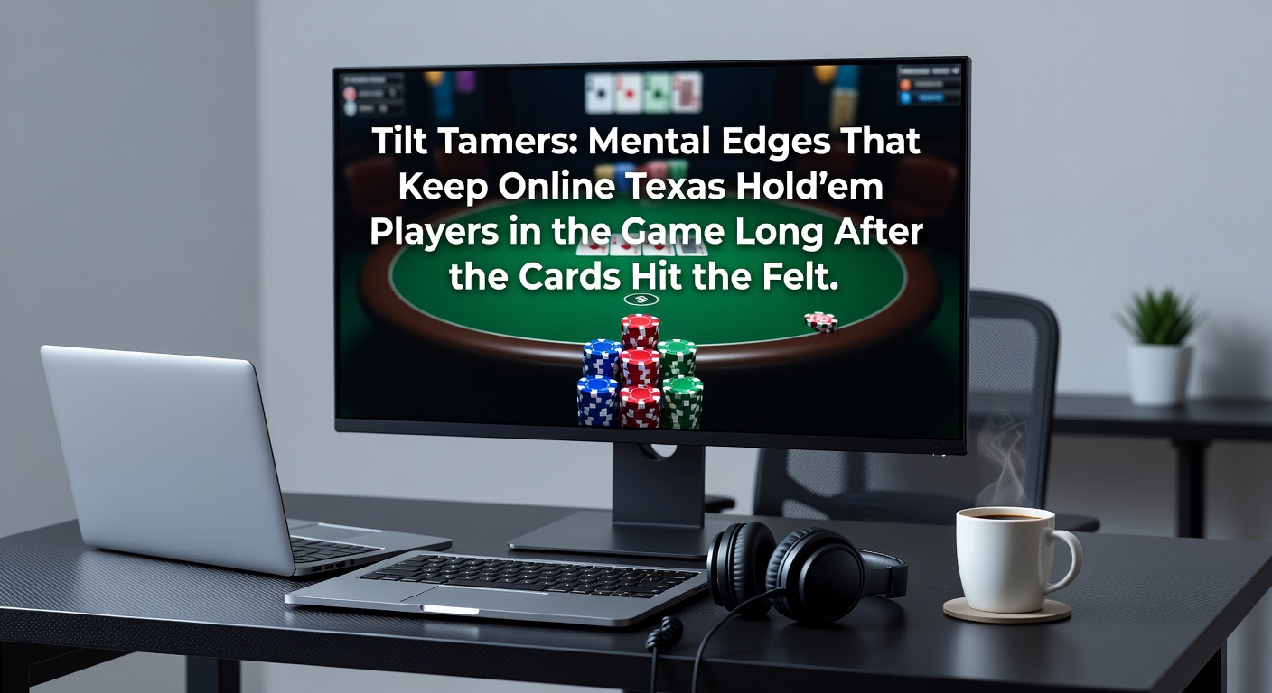 Een gefocuste pokerspeler achter een computer, diep in concentratie tijdens een online Texas Hold'em sessie, met kaarten en chips op het scherm