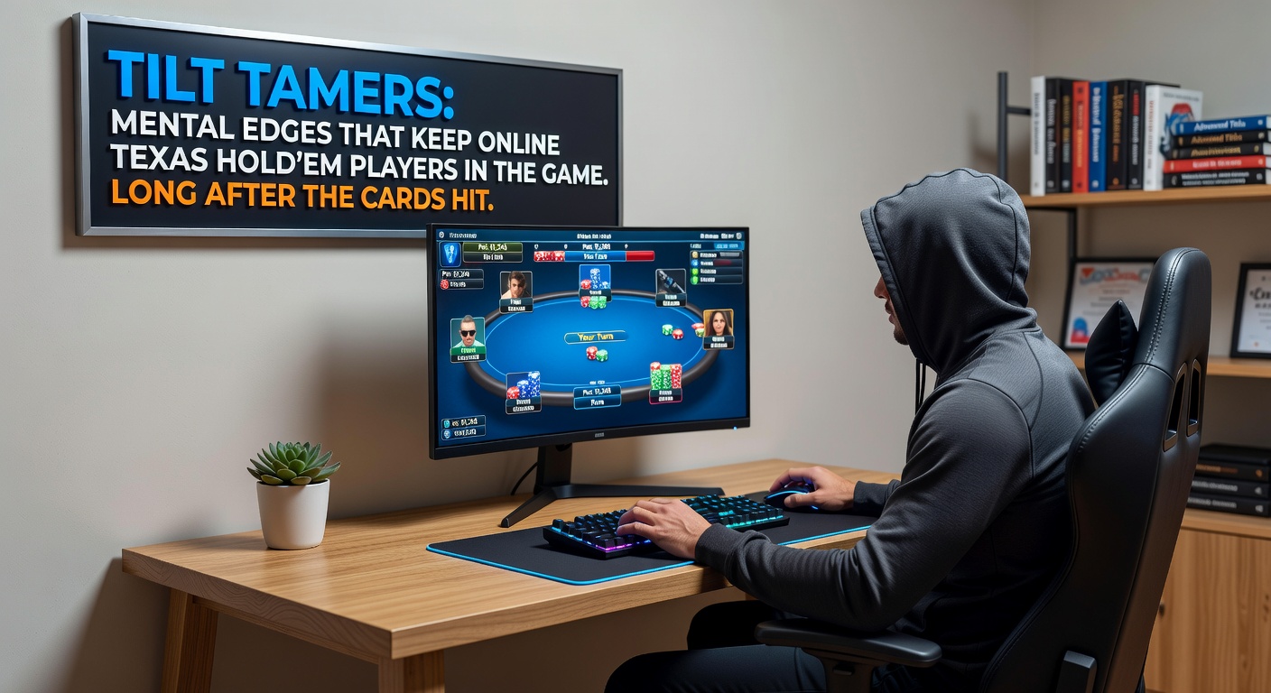 Grafiek met hersenscans die emotionele activiteit tonen tijdens tilt versus kalm spel, naast een pokertafel met gefrustreerde en gefocuste spelers