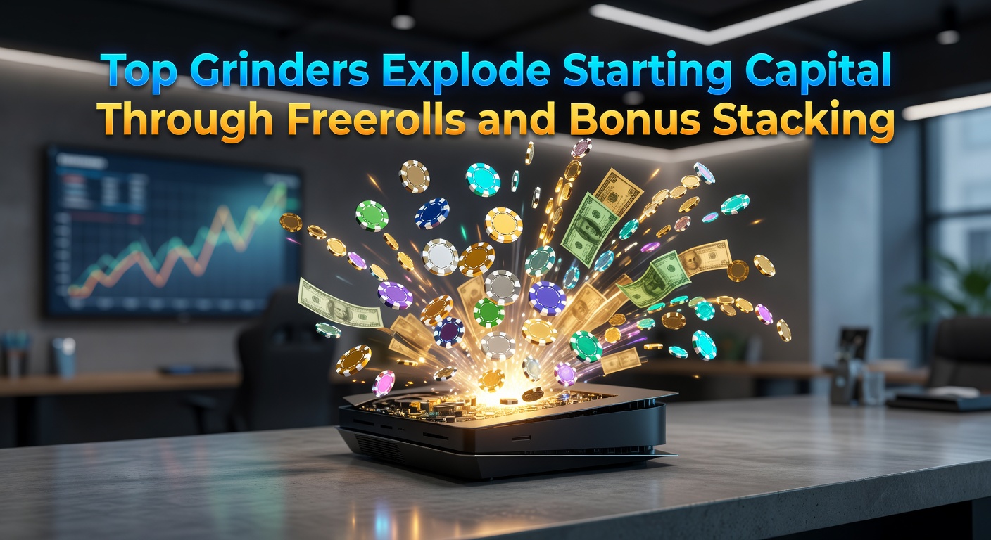Grinders aan het werk bij een online pokerinterface met freeroll-toernooien en bonuspromoties zichtbaar op het scherm