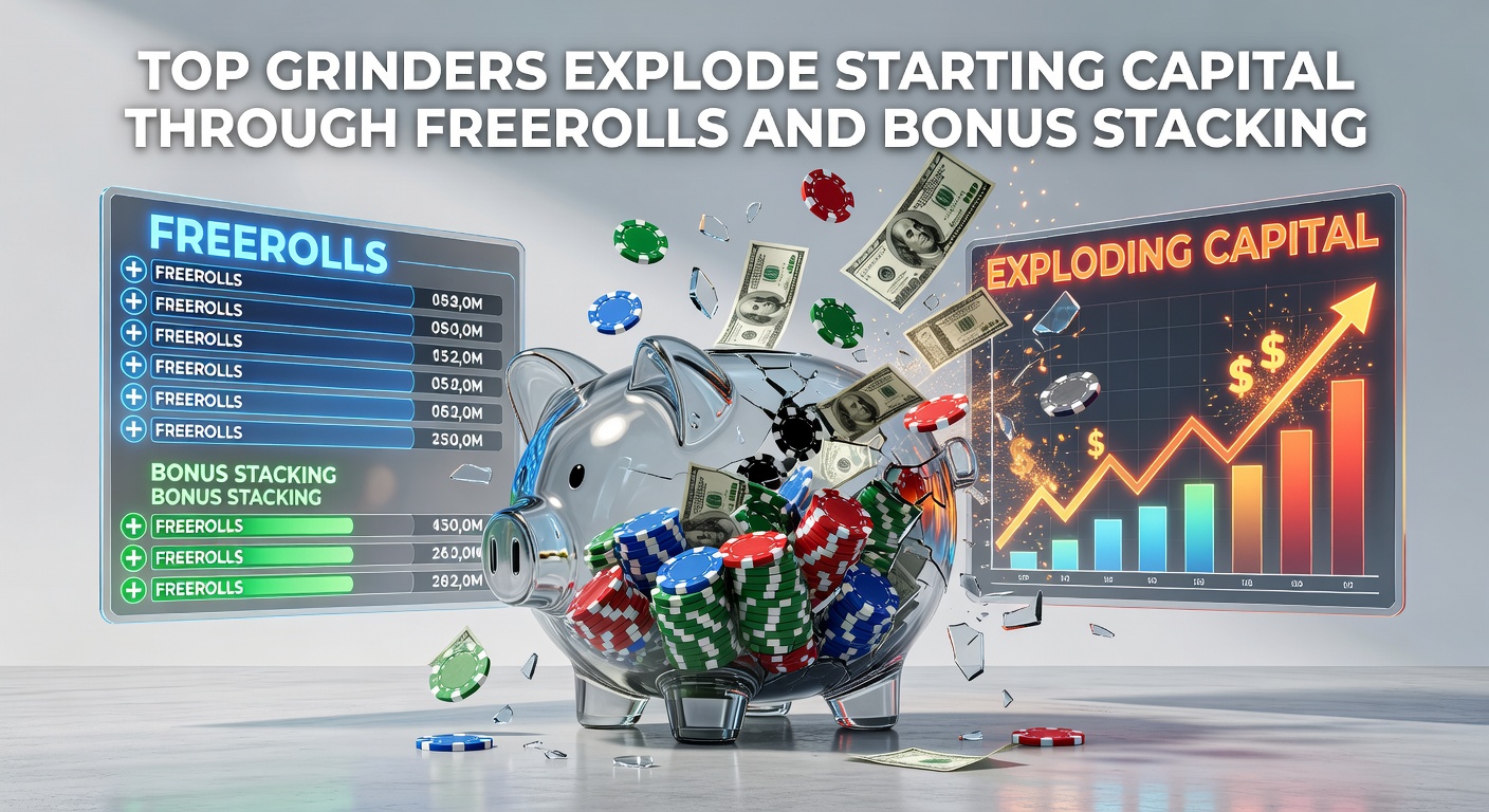 Grafiek met groeiende bankrollcurves van grinders die freerolls en bonuses combineren, met pieken in april 2026 freeroll-events