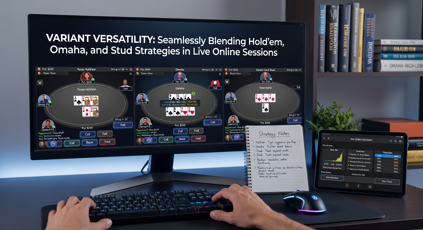 Drie poker variantenkaarten op een digitale tafel tijdens een live online sessie, met spelers die strategieën afstemmen